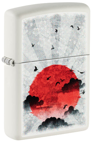 Front shot of ˫ Red Moon Design White Matte Windproof Lighter standing at a 3/4 angle.